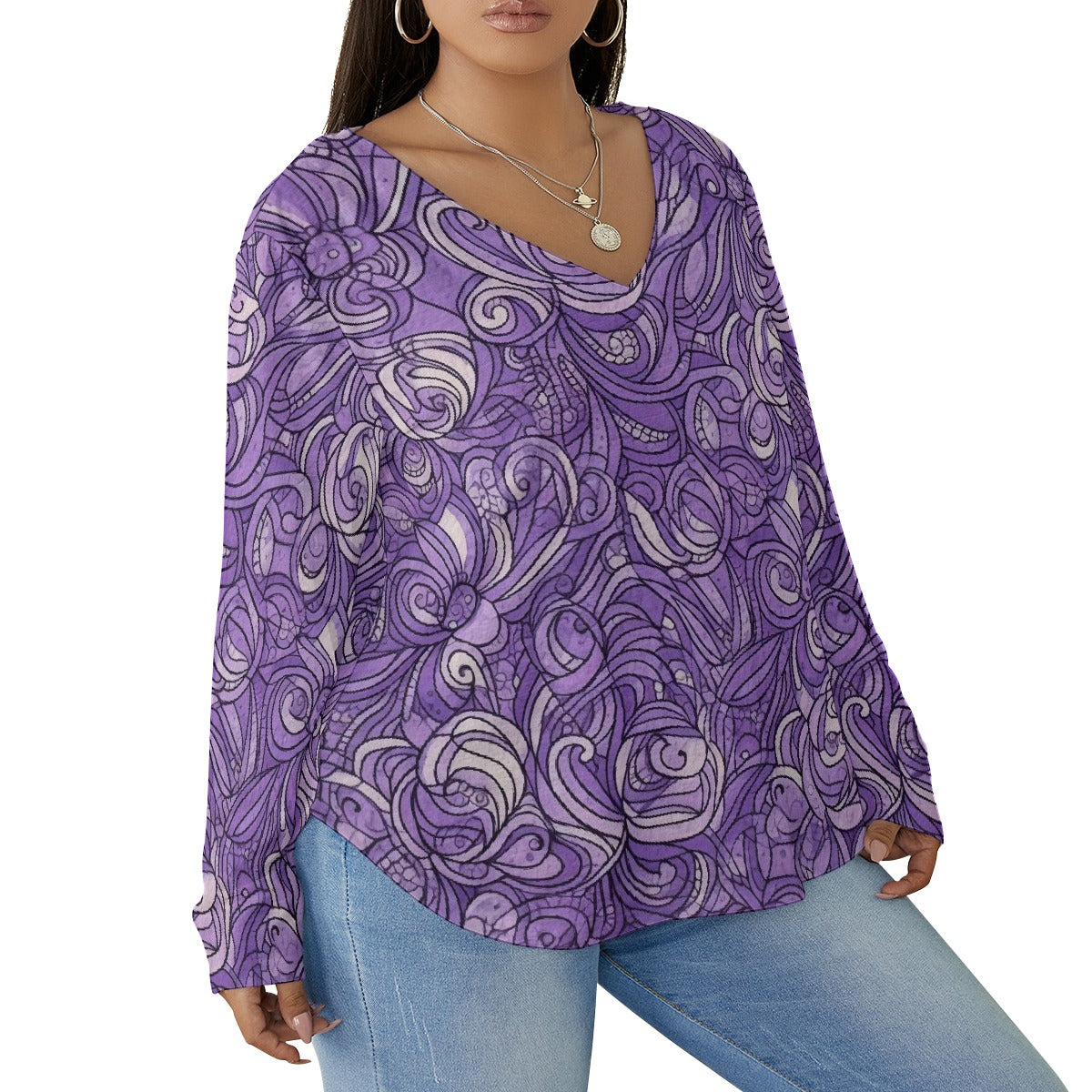 All-Over Print Women's V-neck T-shirt With Curved Hem(Plus Size)