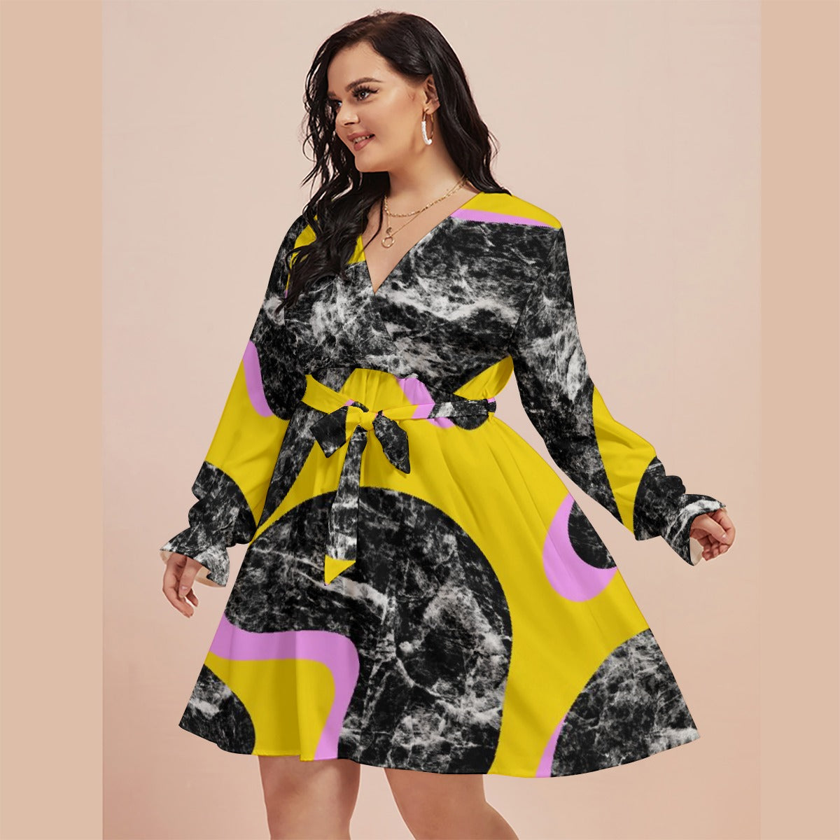 All-Over Print Women's V-neck Dress With Waistband(Plus Size)