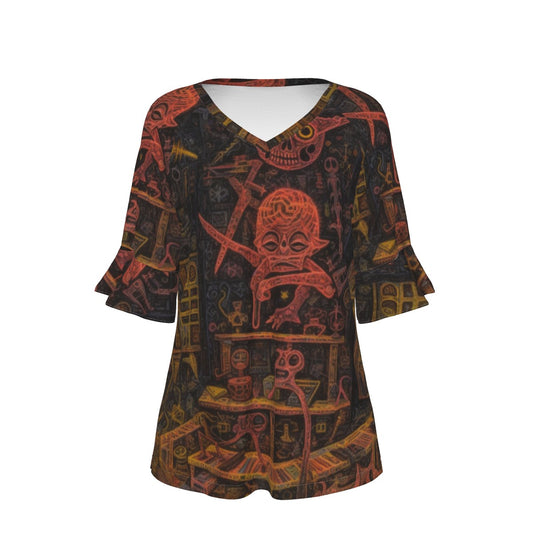 All-Over Print V-neck Women's T-shirt With Bell Sleeve