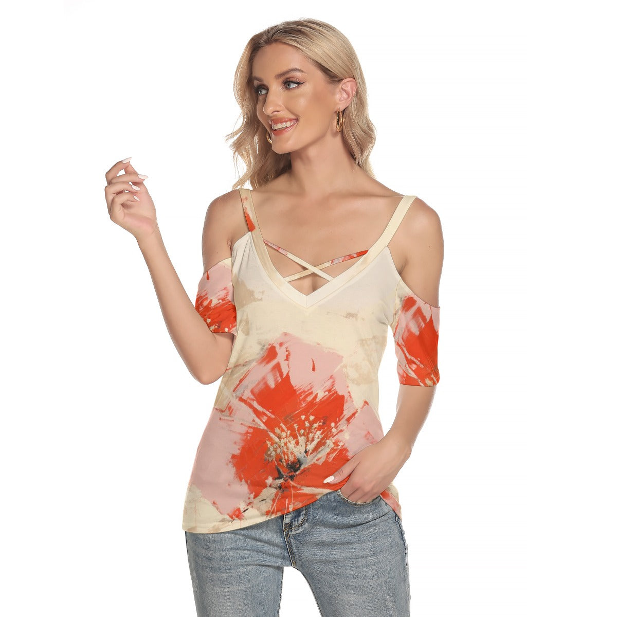 All-Over Print Women's Cold Shoulder T-shirt With Criss Cross Strips