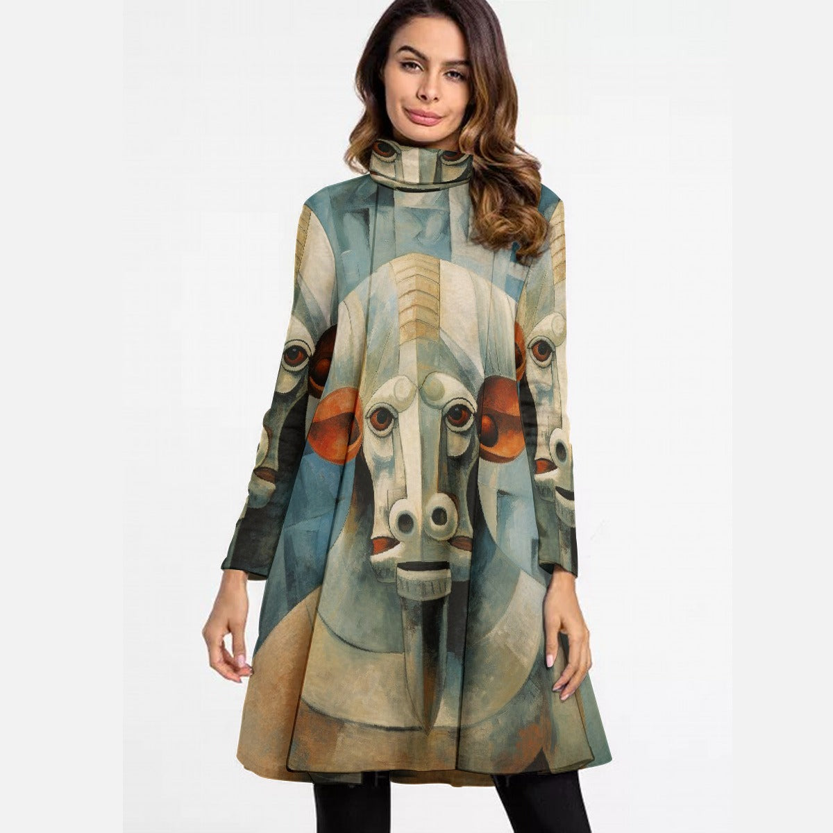 All-Over Print Women's High Neck Dress With Long Sleeve