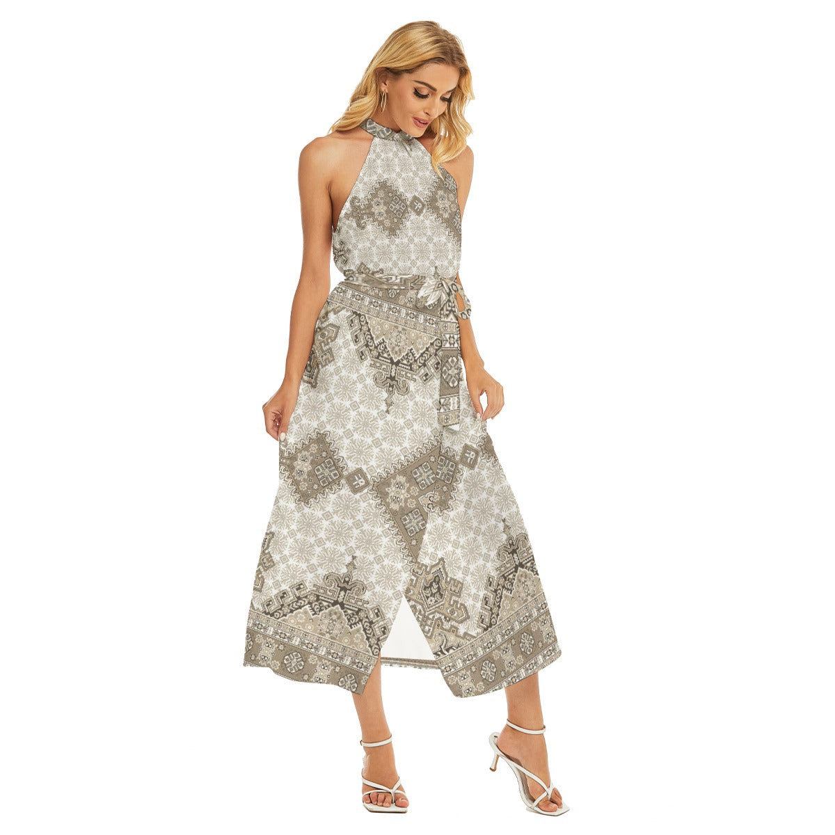 All-Over Print Women's Wrap Hem Belted Halter Dress