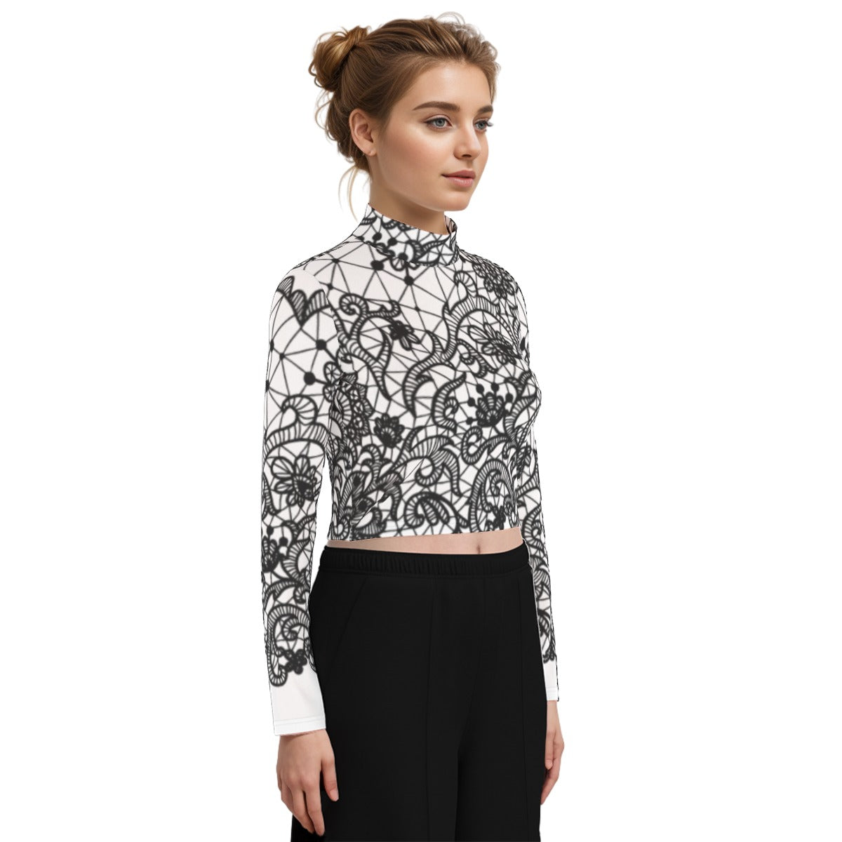 Eco-Friendly All-Over Print Women's Turtleneck T-shirt With Long Sleeve