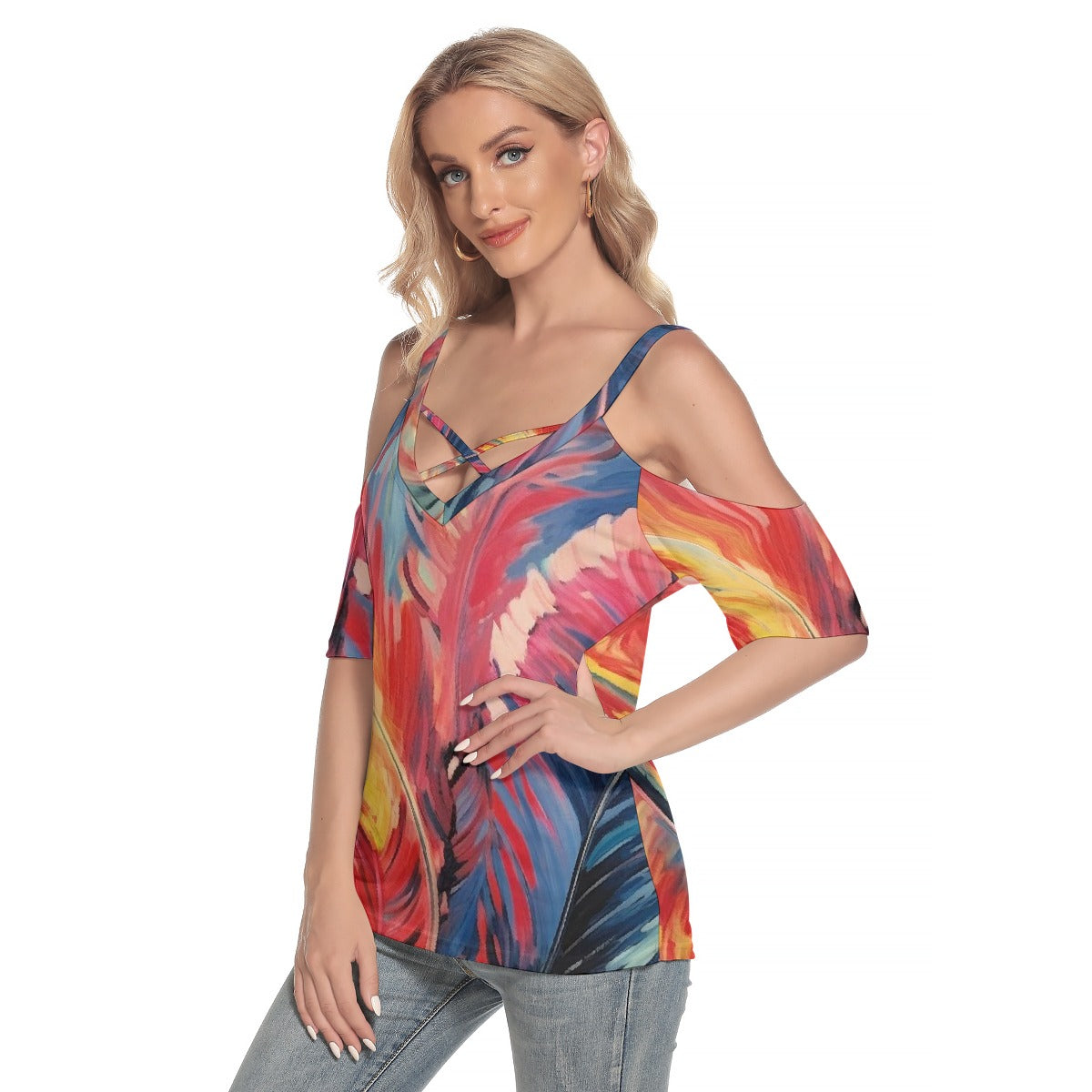 All-Over Print Women's Cold Shoulder T-shirt With Criss Cross Strips