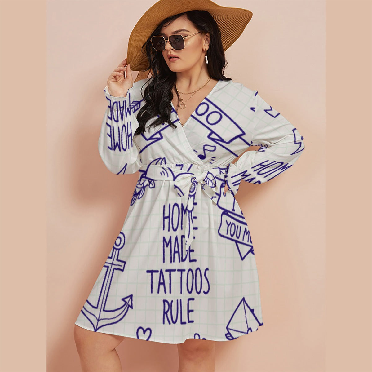 All-Over Print Women's V-neck Dress With Waistband(Plus Size)