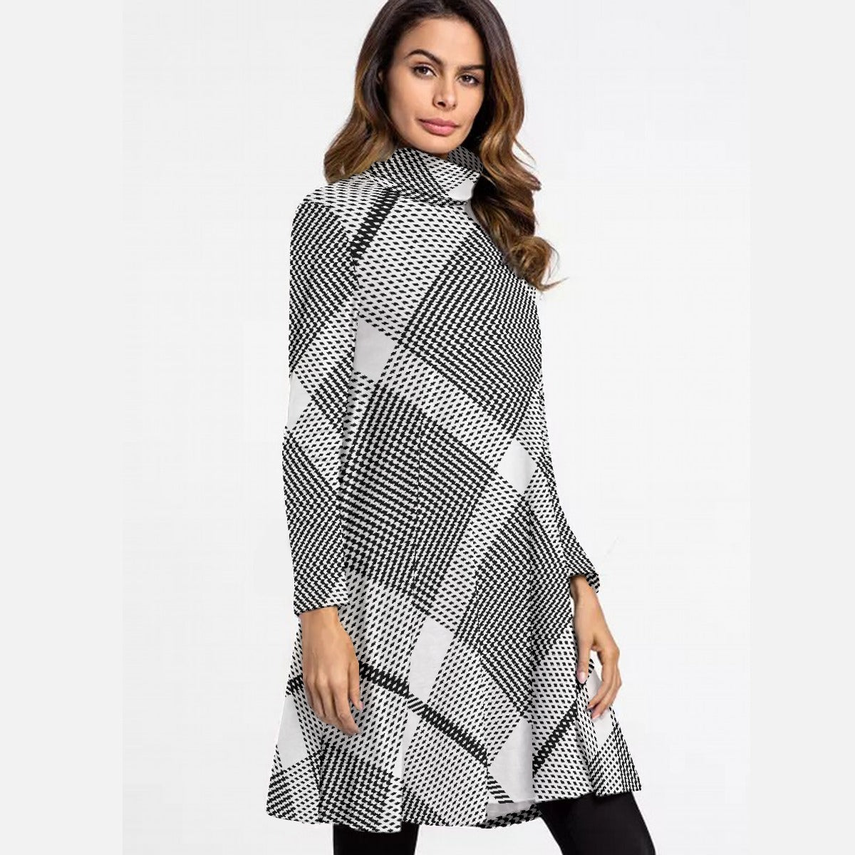 All-Over Print Women's High Neck Dress With Long Sleeve