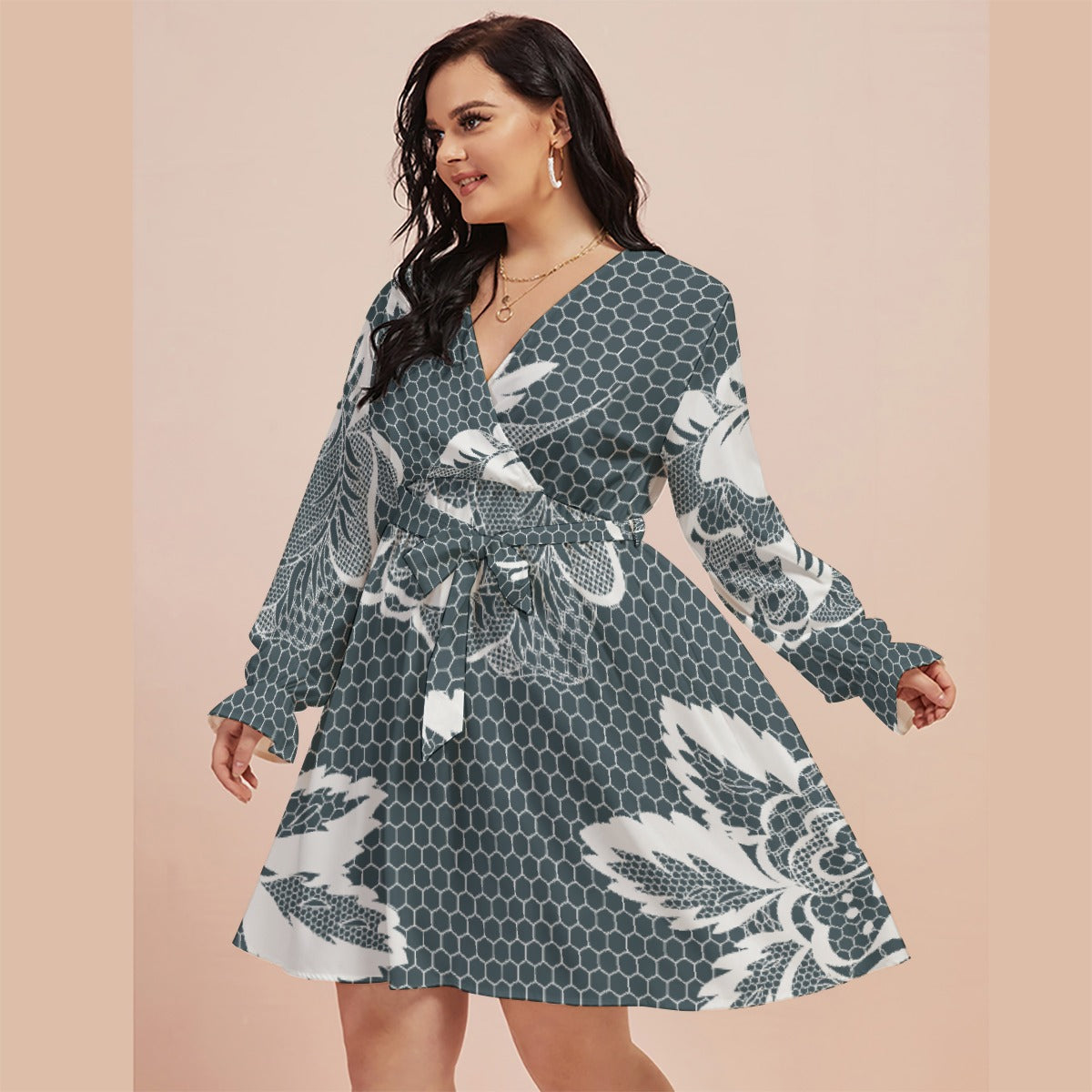 All-Over Print Women's V-neck Dress With Waistband(Plus Size)