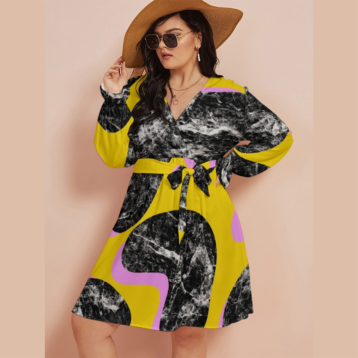 All-Over Print Women's V-neck Dress With Waistband(Plus Size)