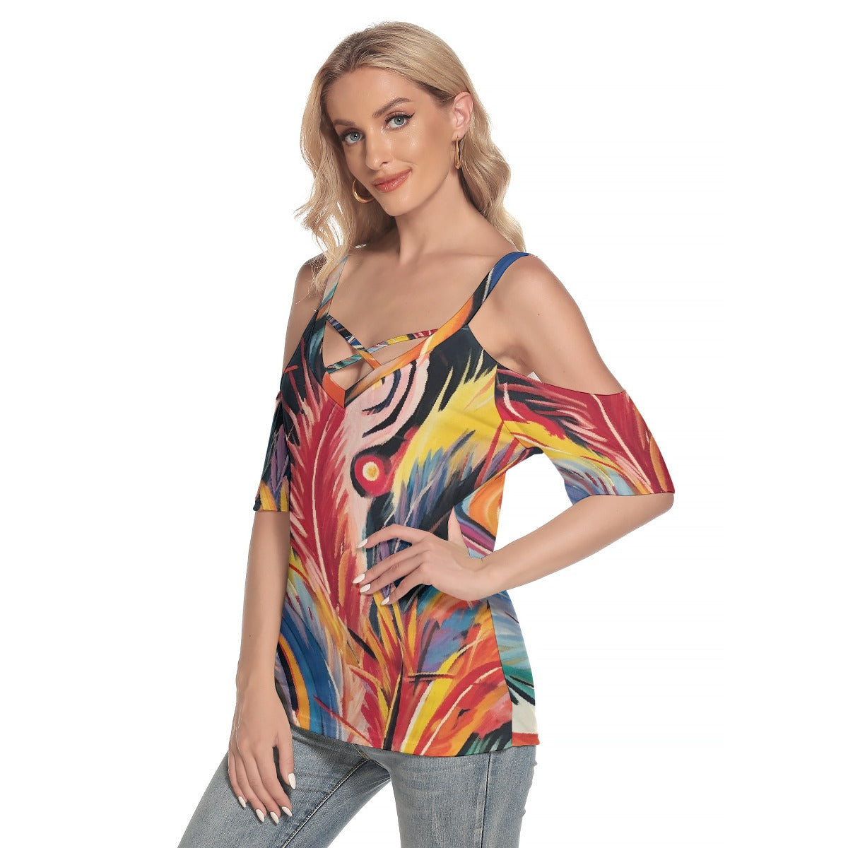 All-Over Print Women's Cold Shoulder T-shirt With Criss Cross Strips