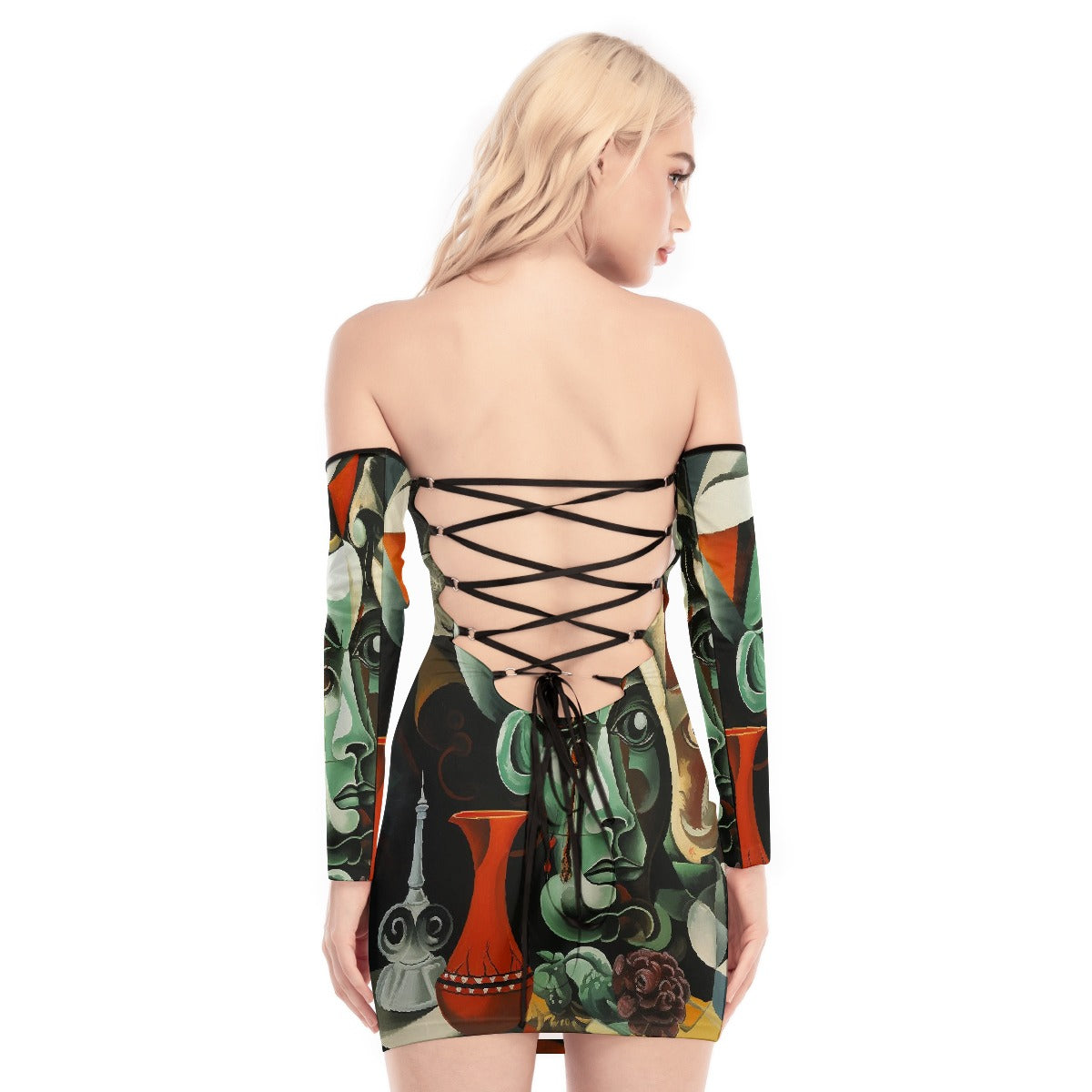 All-Over Print Women's Off-shoulder Back Lace-up Dress