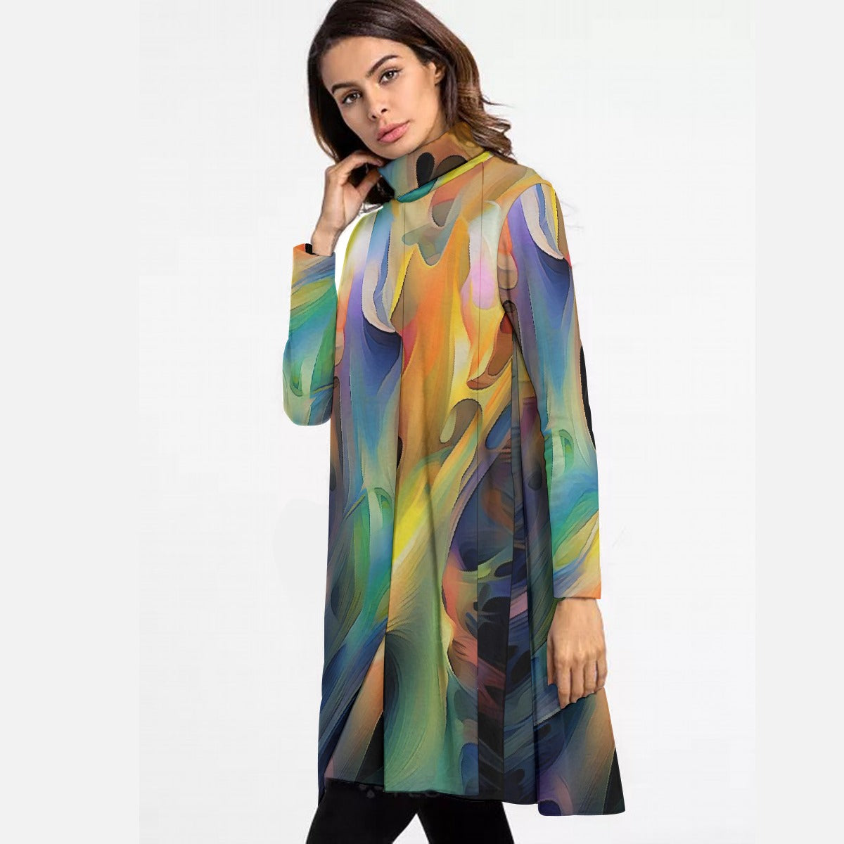 All-Over Print Women's High Neck Dress With Long Sleeve