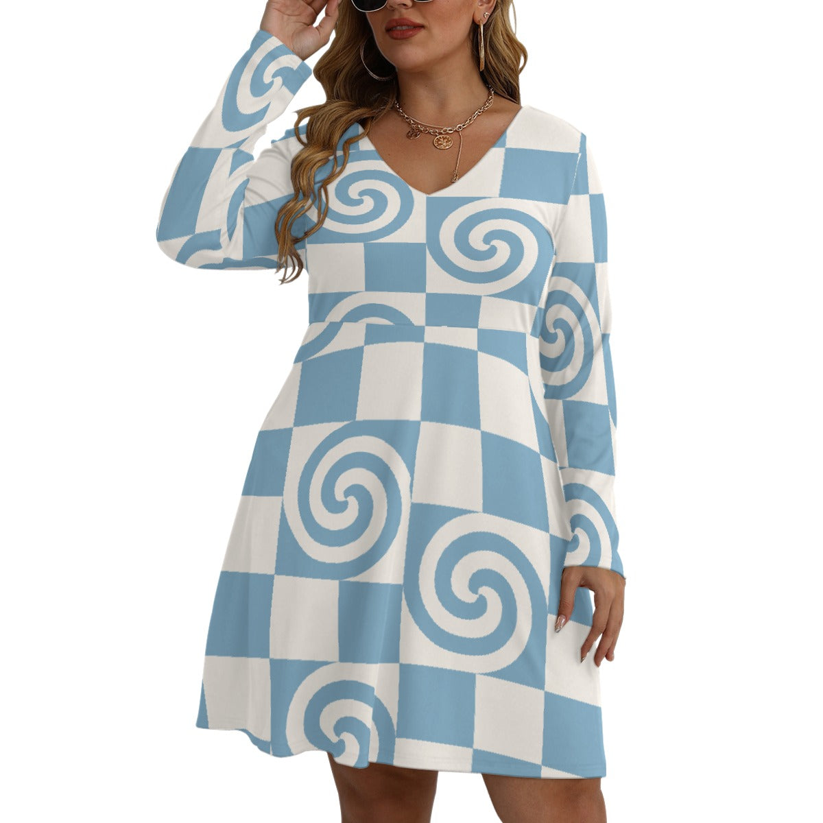 All-Over Print Women's V-neck Long Sleeve Dress(Plus Size)