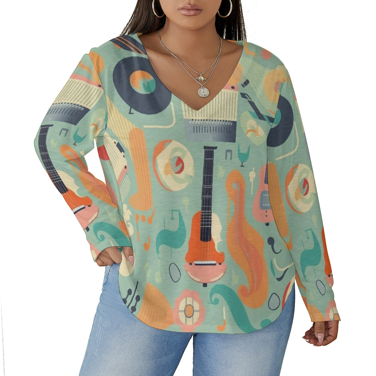 All-Over Print Women's V-neck T-shirt With Curved Hem(Plus Size)