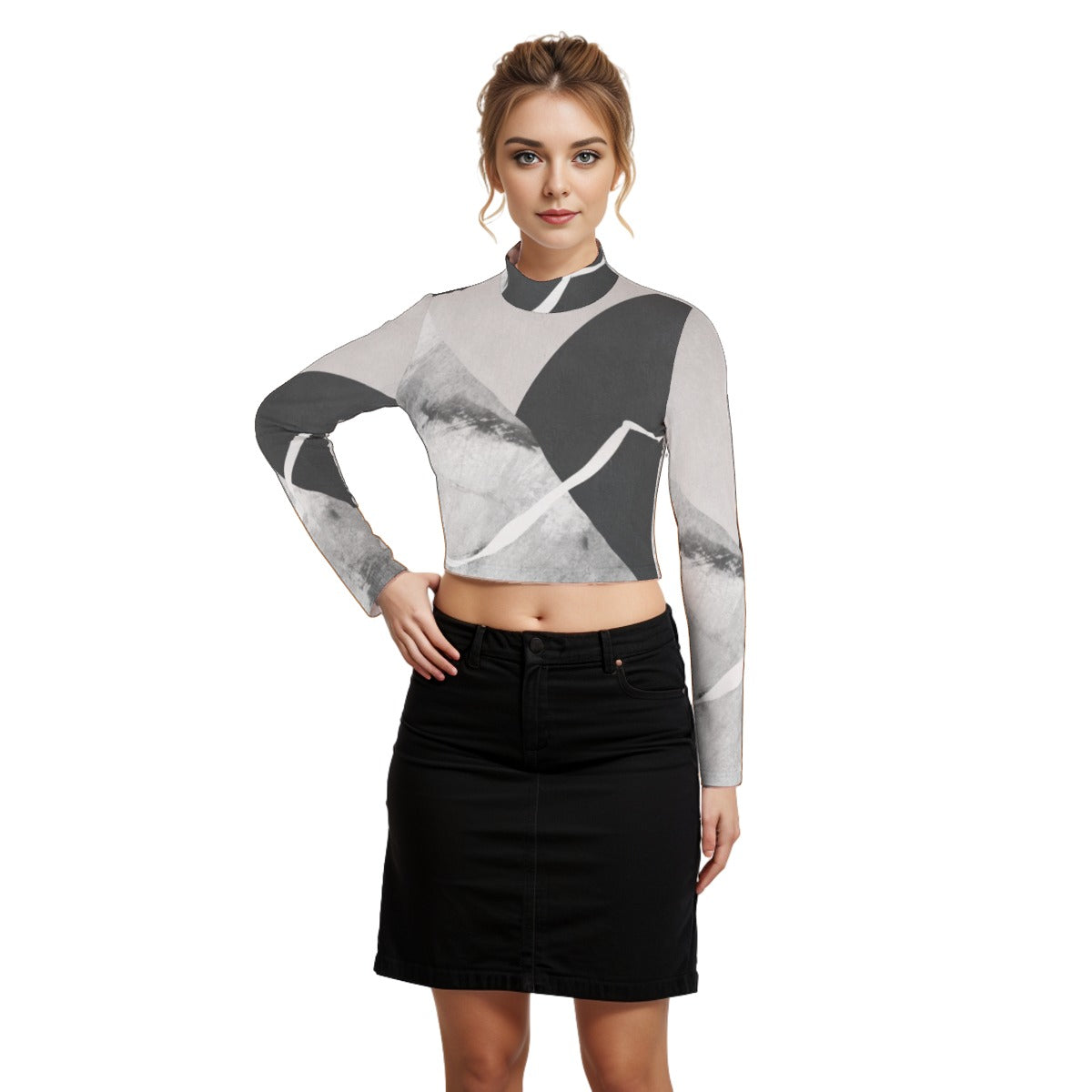 Eco-Friendly All-Over Print Women's Turtleneck T-shirt With Long Sleeve