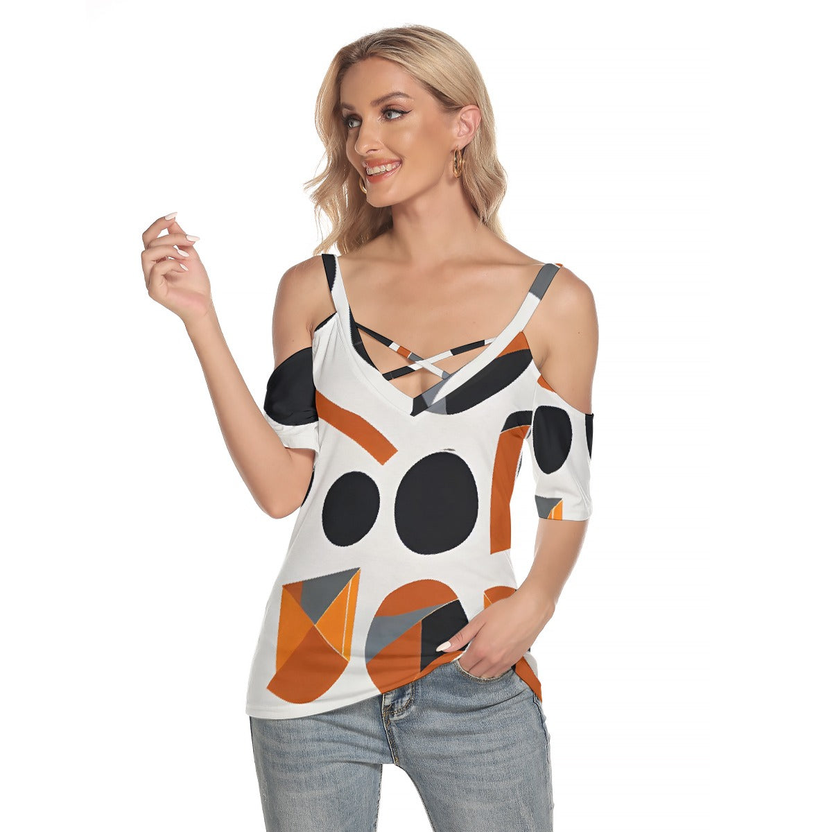 All-Over Print Women's Cold Shoulder T-shirt With Criss Cross Strips