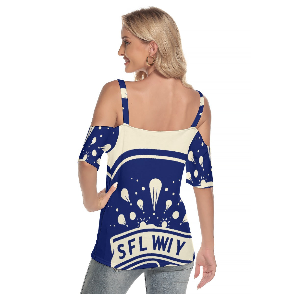 All-Over Print Women's Cold Shoulder T-shirt With Criss Cross Strips