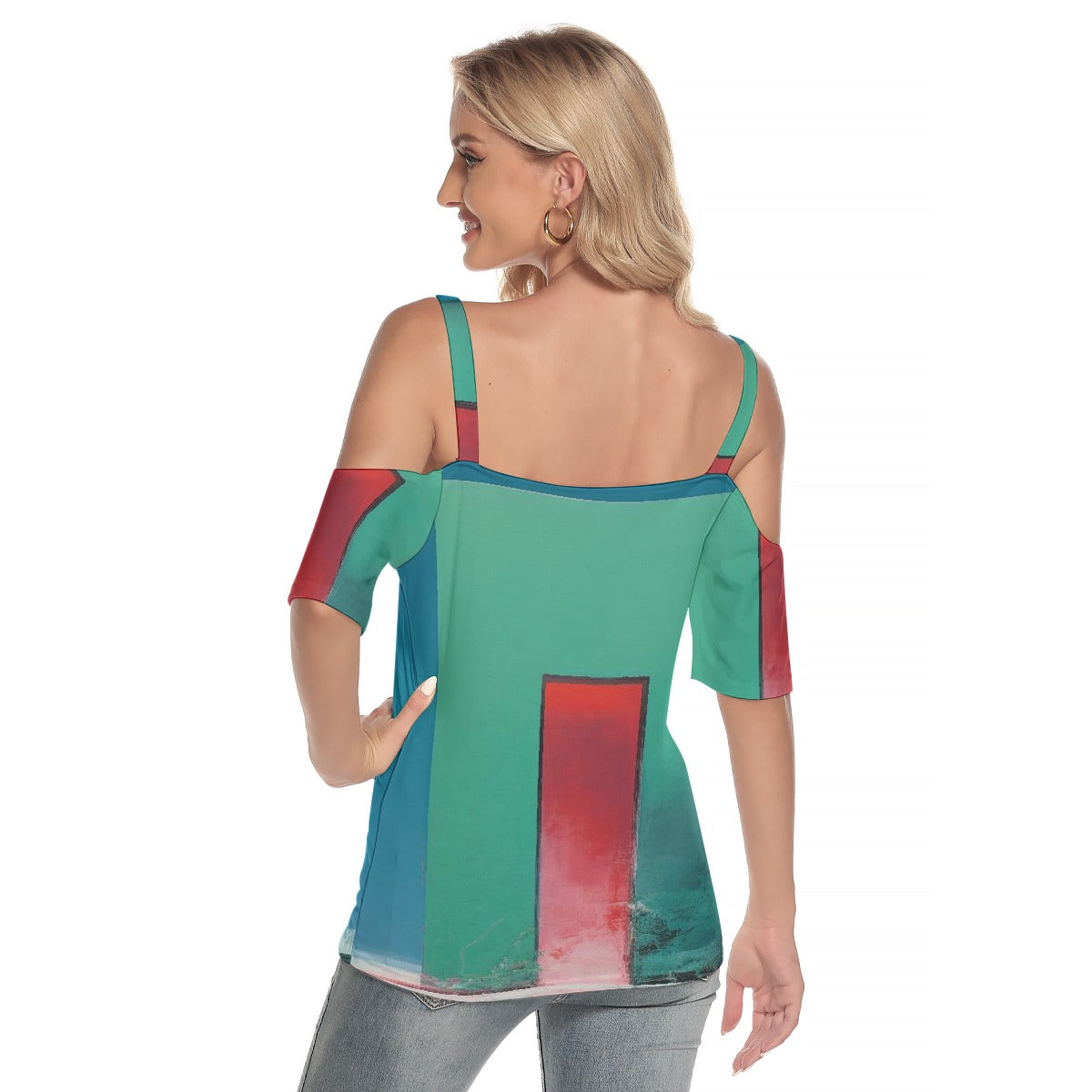 All-Over Print Women's Cold Shoulder T-shirt With Criss Cross Strips