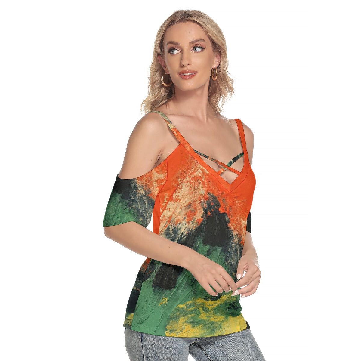 All-Over Print Women's Cold Shoulder T-shirt With Criss Cross Strips