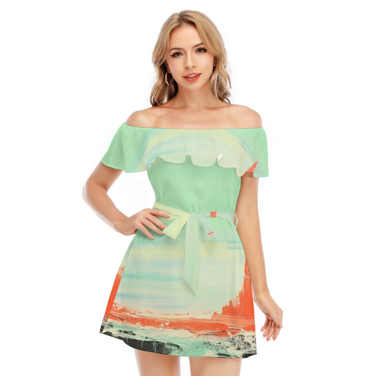 All-Over Print Women's Off-shoulder Dress With Ruffle