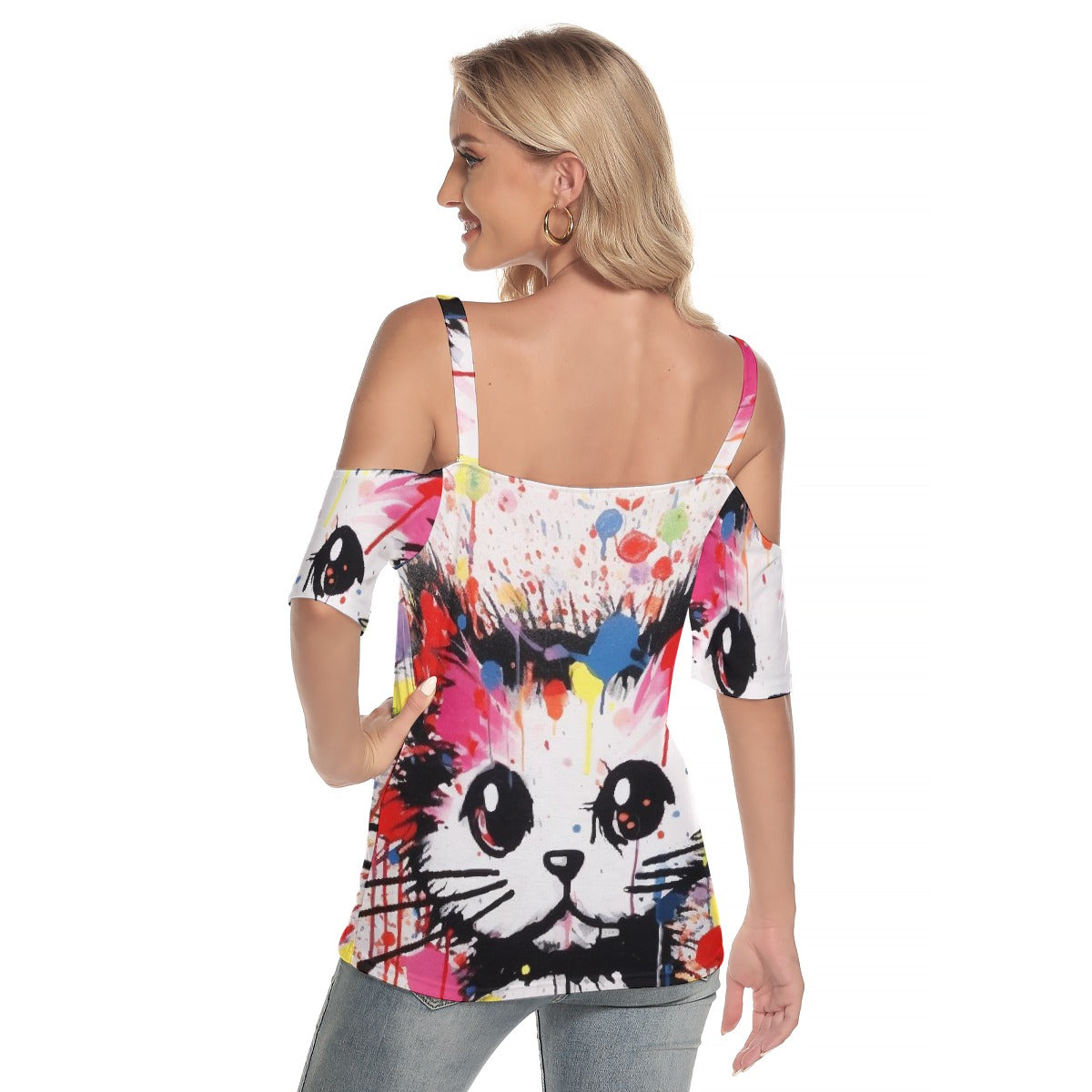 All-Over Print Women's Cold Shoulder T-shirt With Criss Cross Strips