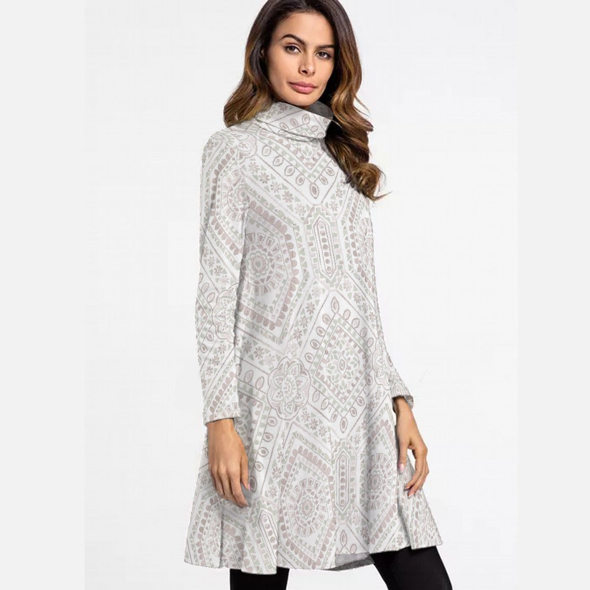 All-Over Print Women's High Neck Dress With Long Sleeve