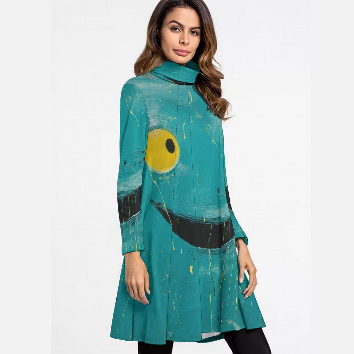 All-Over Print Women's High Neck Dress With Long Sleeve