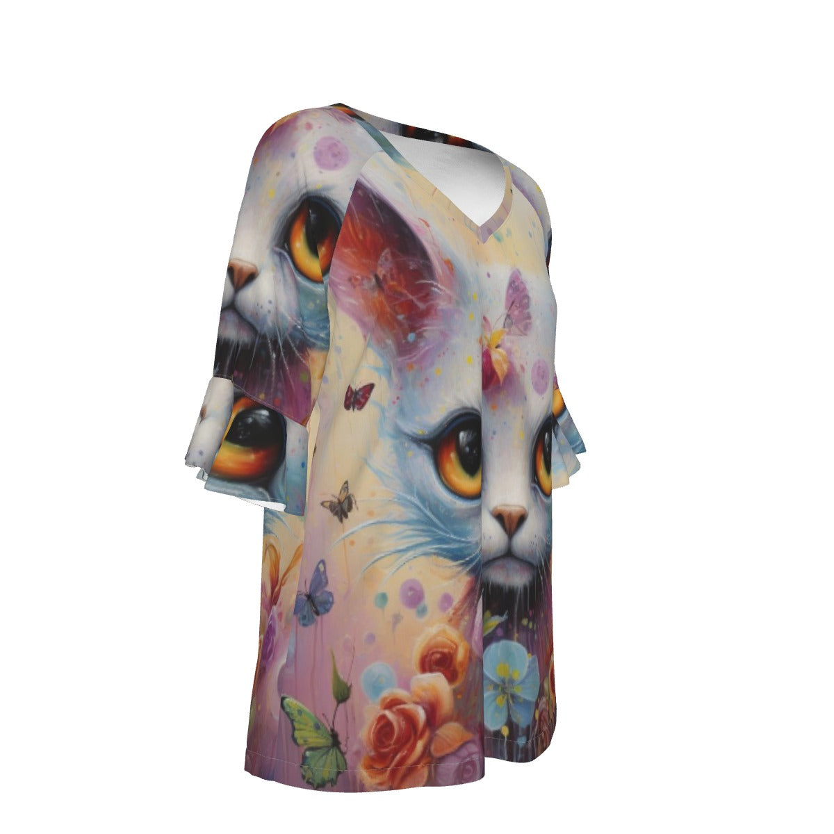 All-Over Print V-neck Women's T-shirt With Bell Sleeve