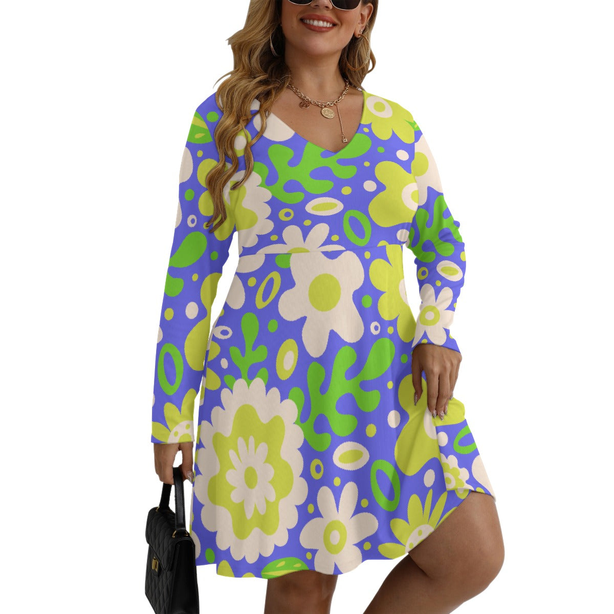 All-Over Print Women's V-neck Long Sleeve Dress(Plus Size)