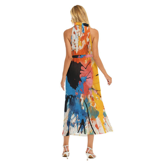 All-Over Print Women's Wrap Hem Belted Halter Dress