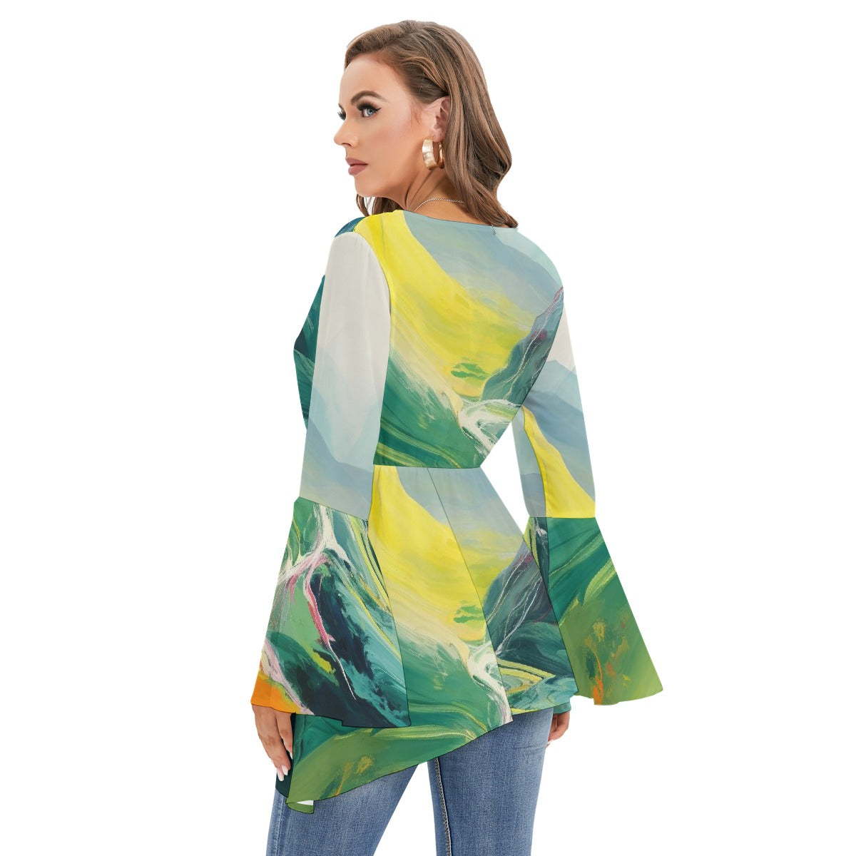 All-Over Print Women's V-neck Blouse With Flared Sleeves