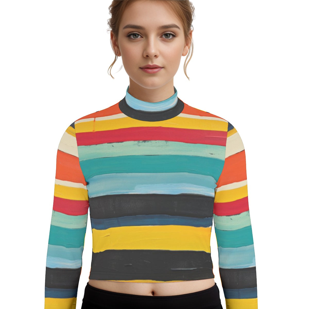 Eco-Friendly All-Over Print Women's Turtleneck T-shirt With Long Sleeve