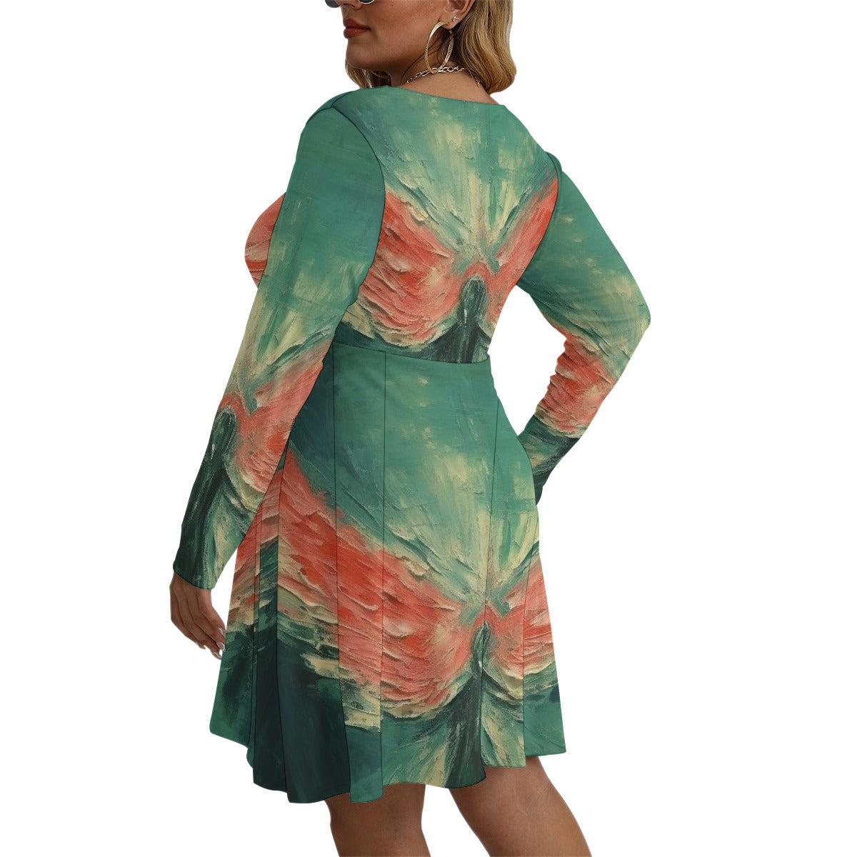 All-Over Print Women's V-neck Long Sleeve Dress(Plus Size)