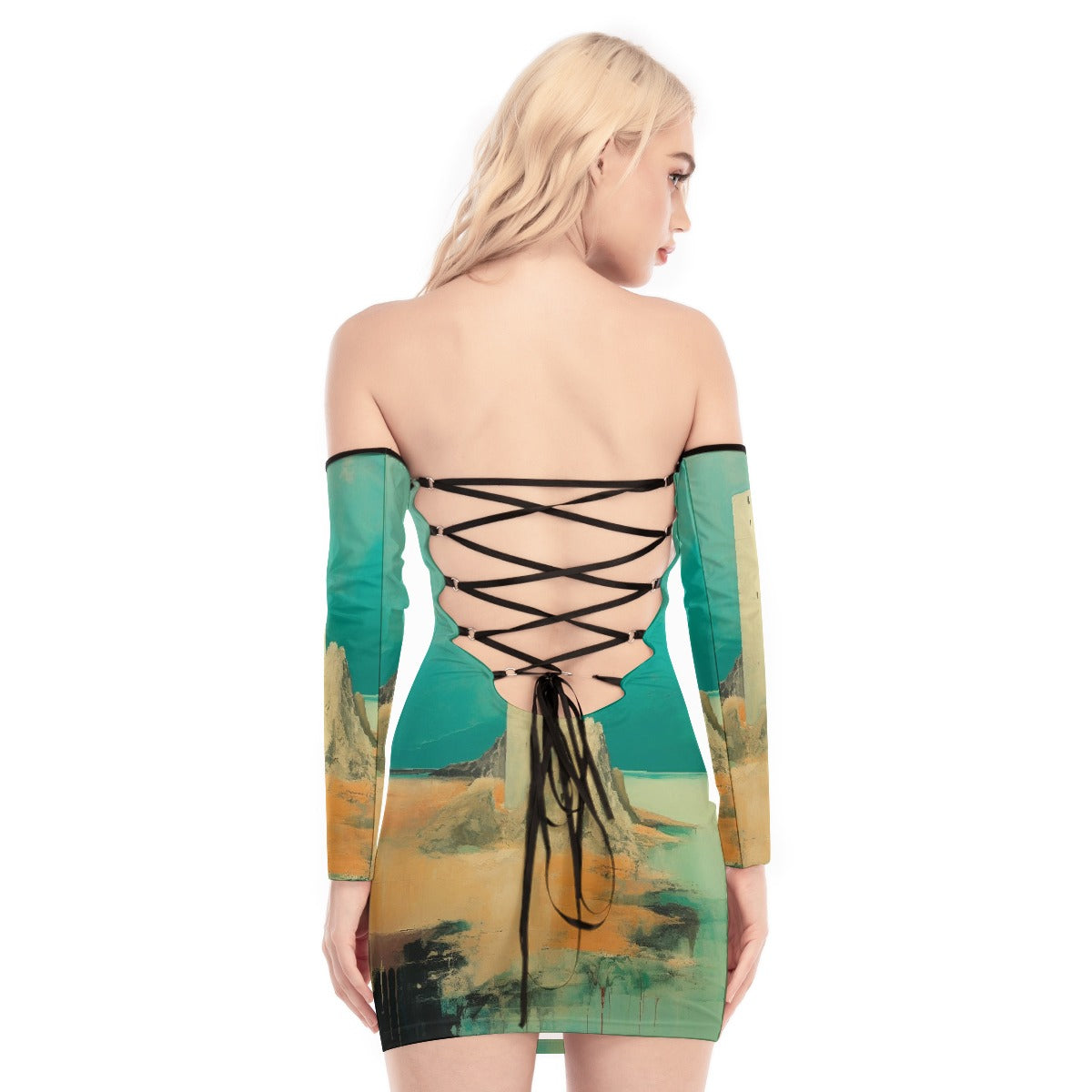 All-Over Print Women's Off-shoulder Back Lace-up Dress