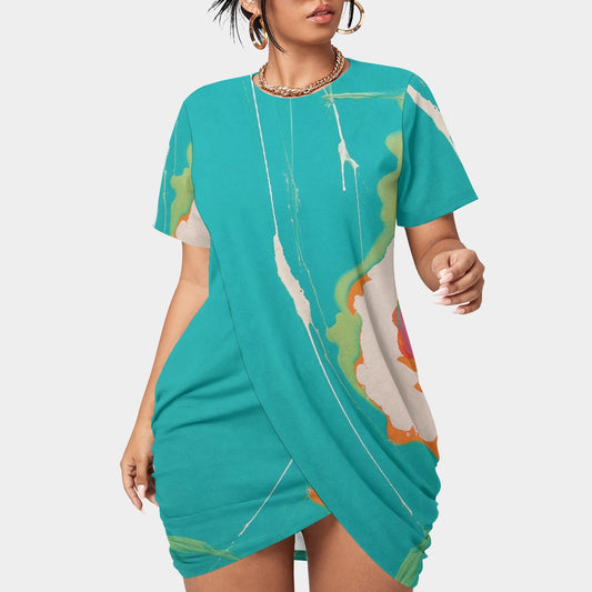 All-Over Print Women’s Stacked Hem Dress With Short Sleeve（Plus Size）