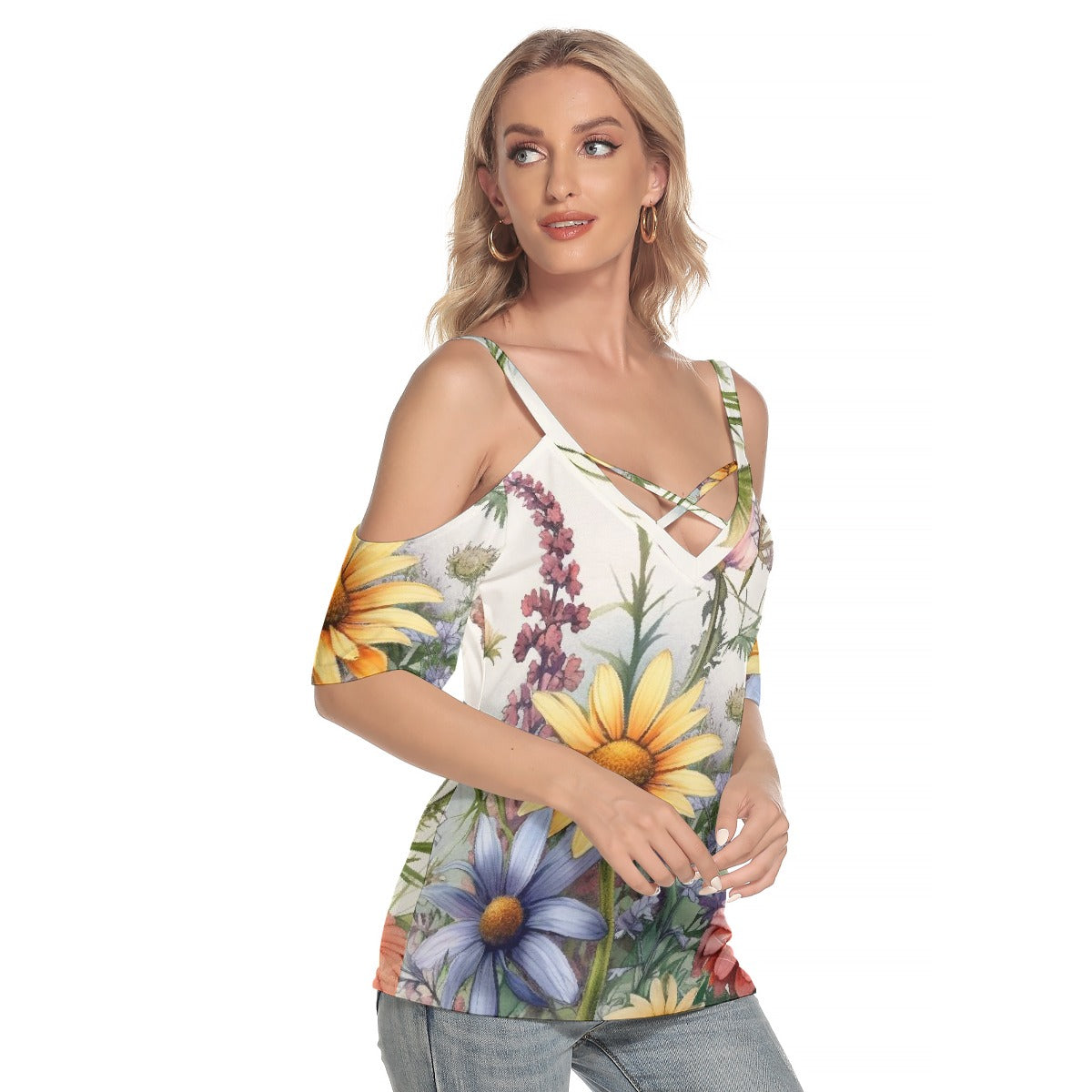 All-Over Print Women's Cold Shoulder T-shirt With Criss Cross Strips