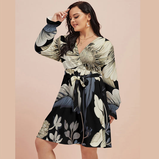 All-Over Print Women's V-neck Dress With Waistband(Plus Size)