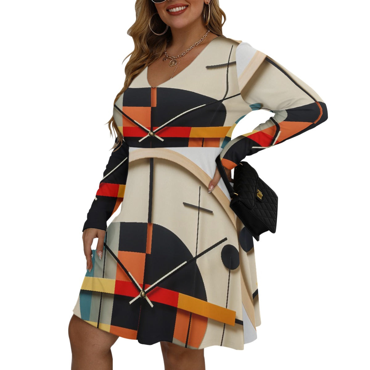 All-Over Print Women's V-neck Long Sleeve Dress(Plus Size)