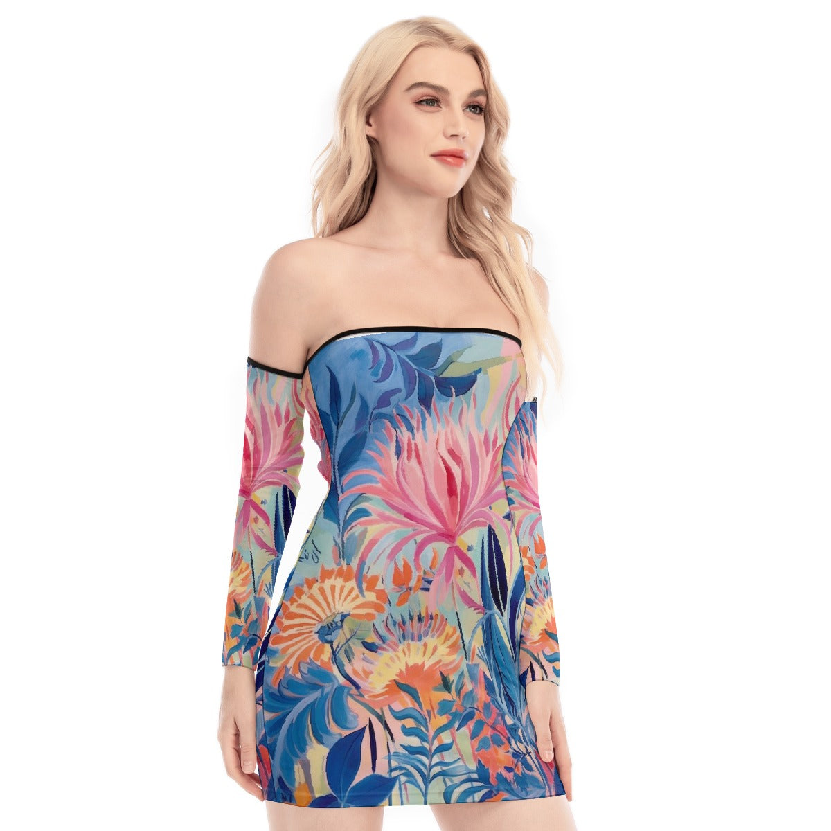 All-Over Print Women's Off-shoulder Back Lace-up Dress