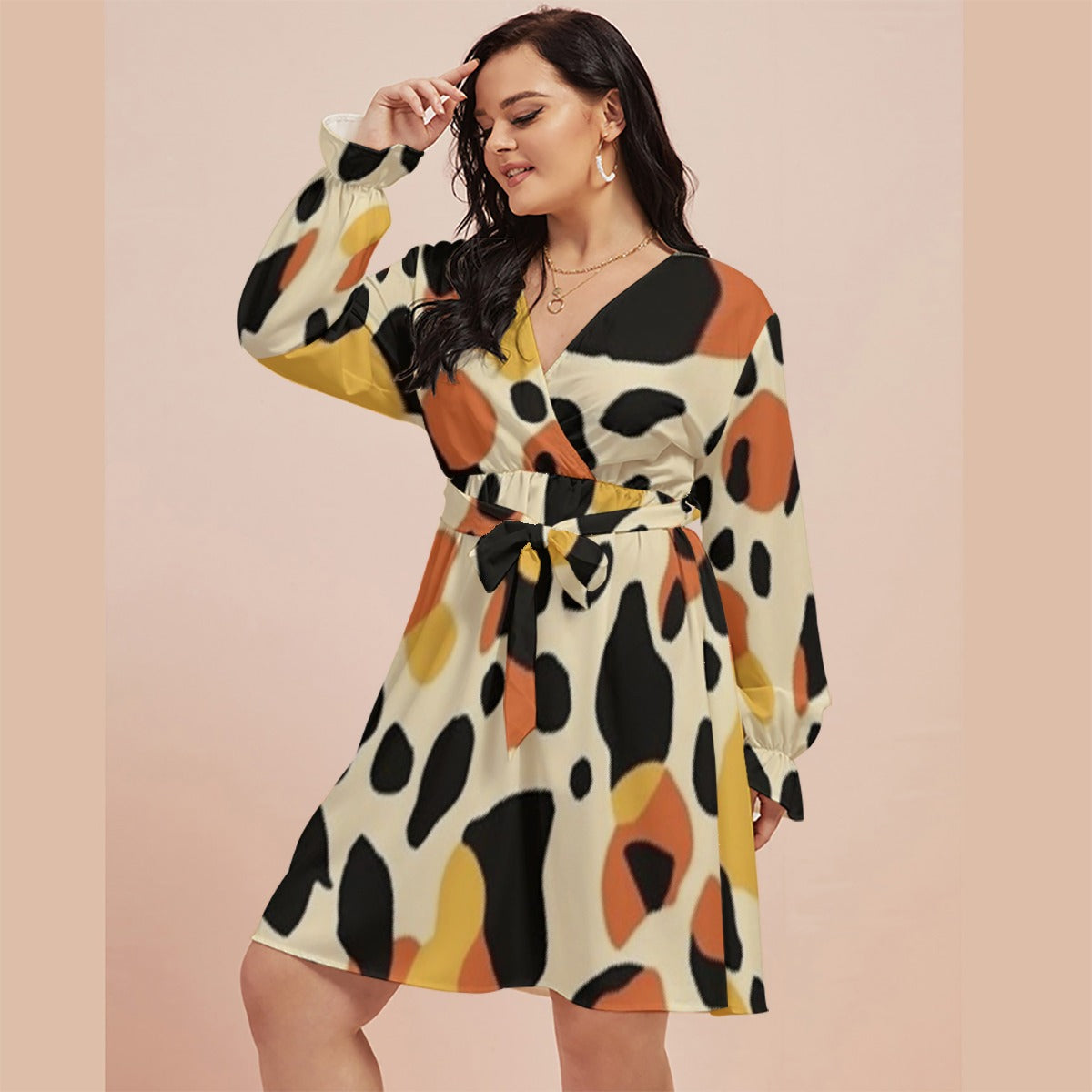 All-Over Print Women's V-neck Dress With Waistband(Plus Size)