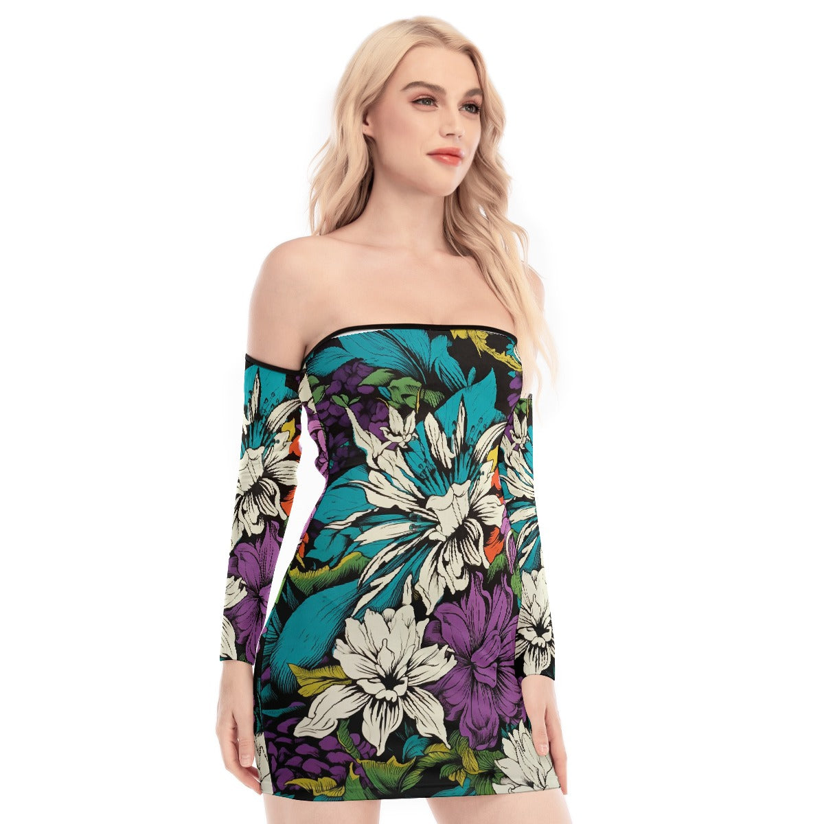 All-Over Print Women's Off-shoulder Back Lace-up Dress