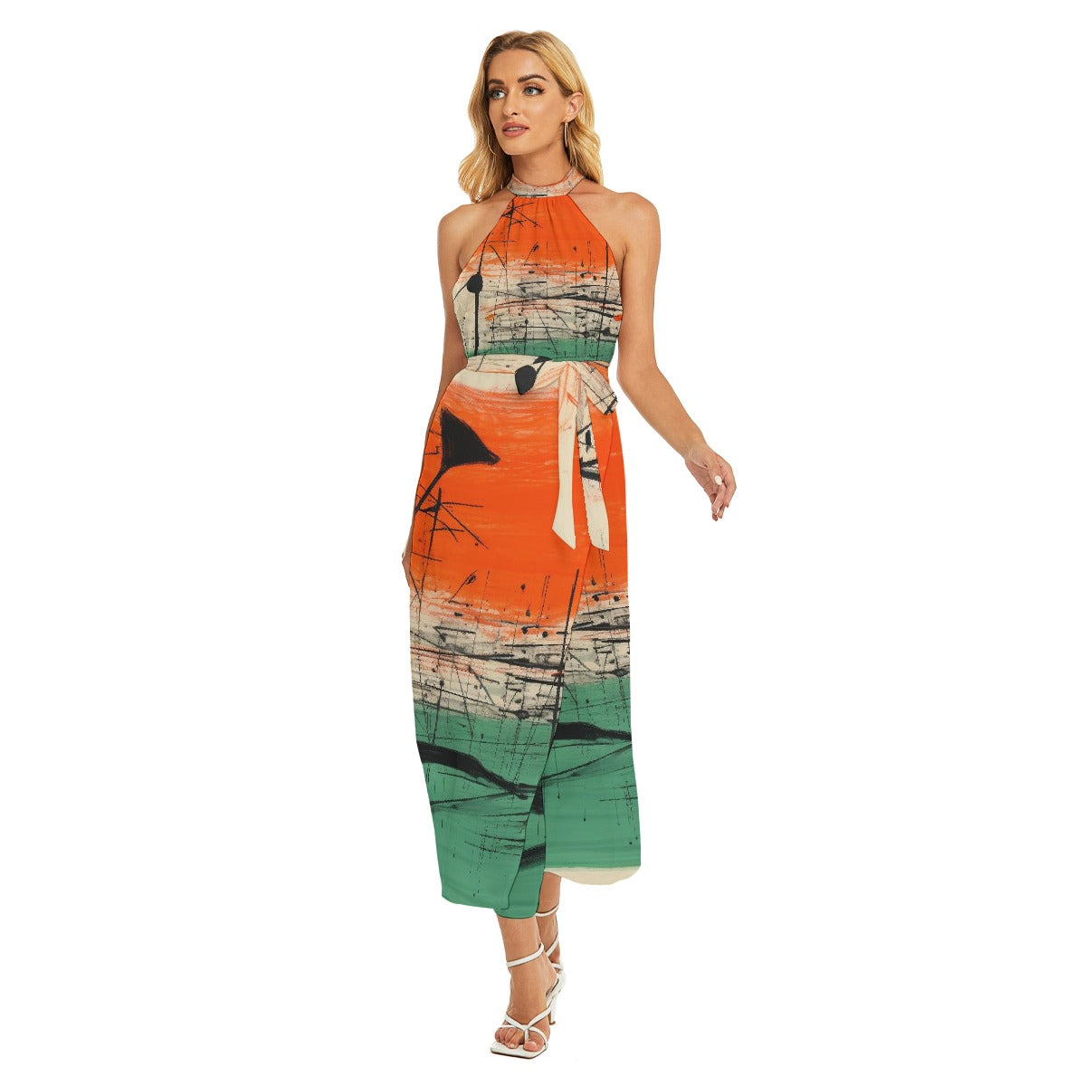 All-Over Print Women's Wrap Hem Belted Halter Dress