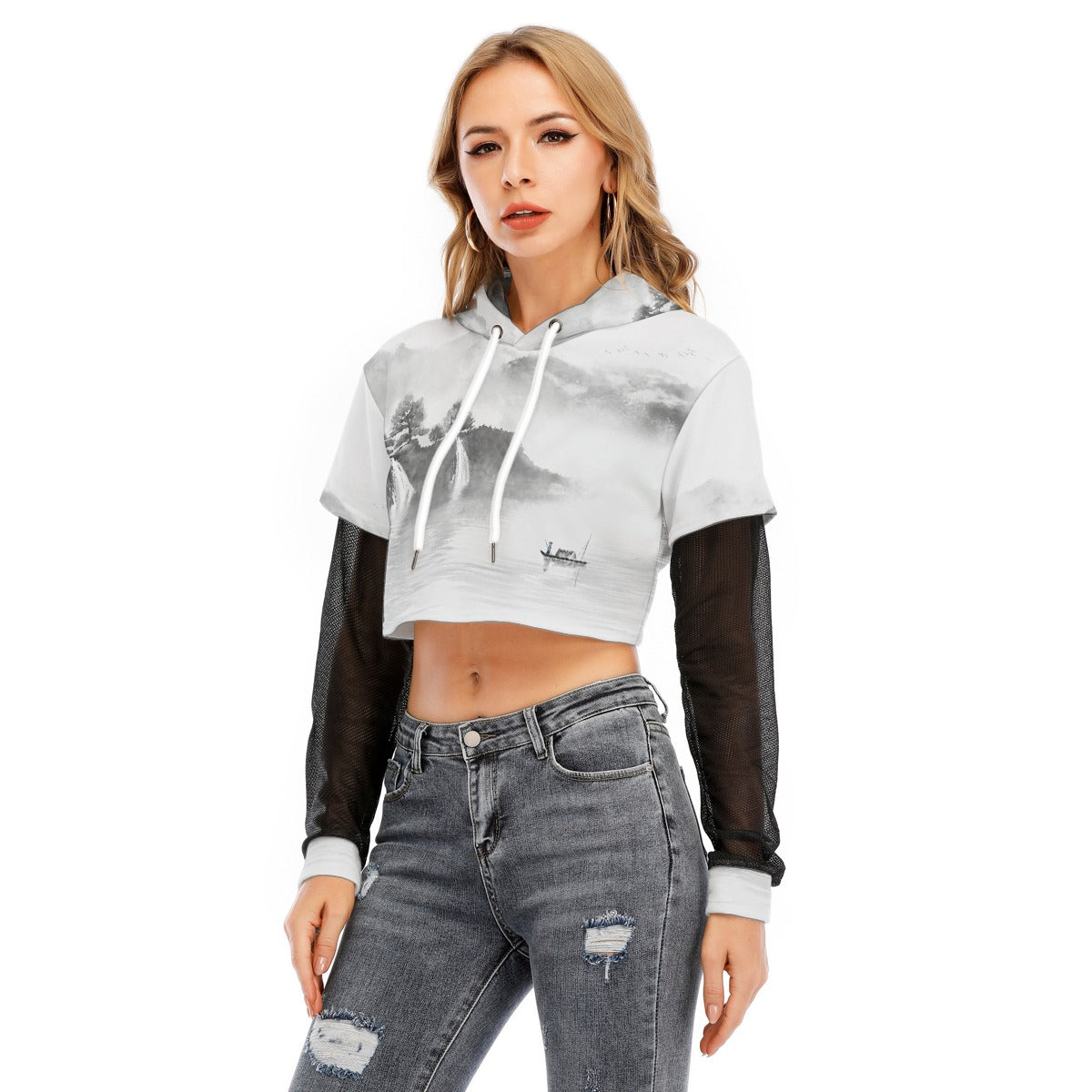 All-Over Print Women's Fake Two-piece Mesh Sleeve Cropped Hoodie