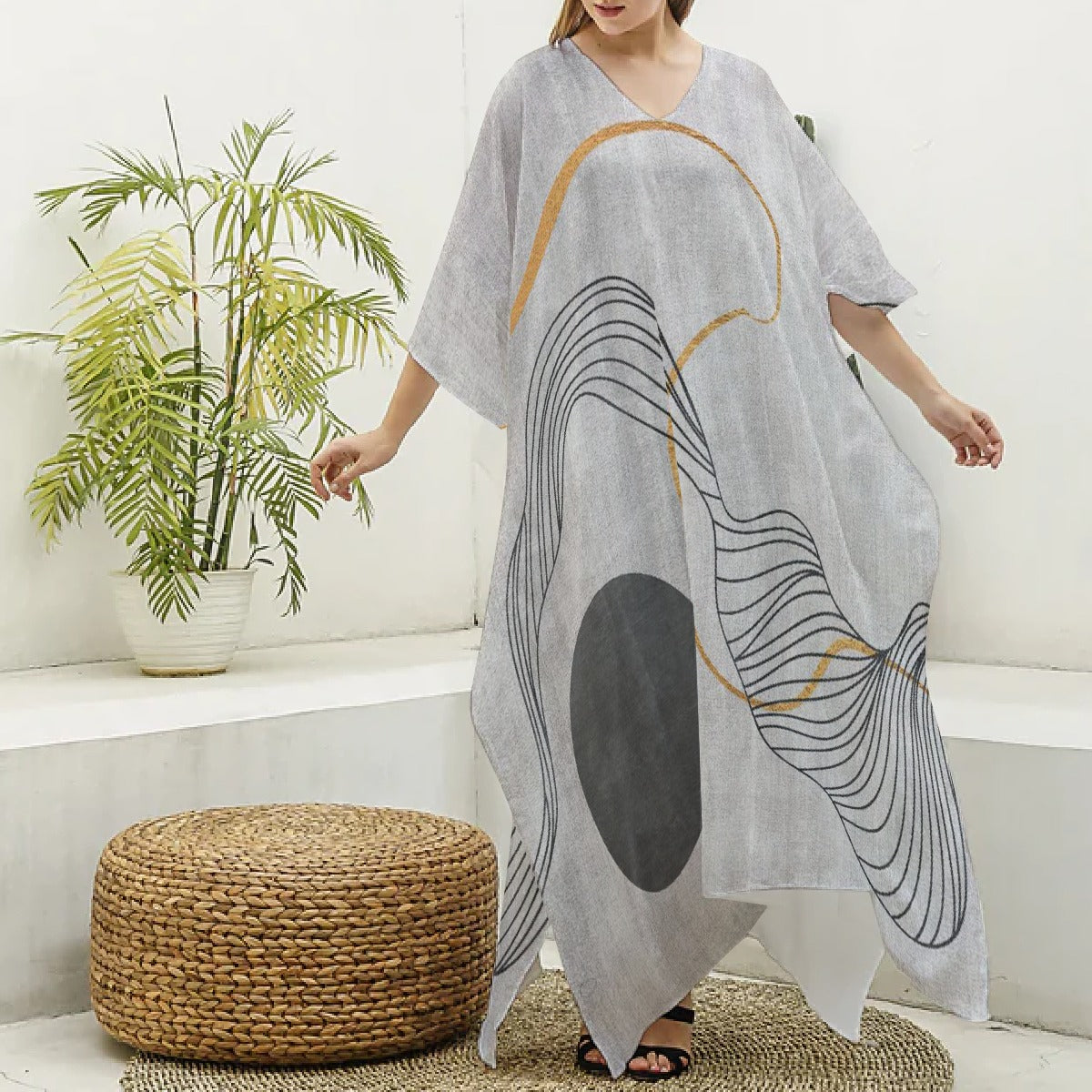 All-Over Print Women's Imitation Silk V-neck Kaftan Robe