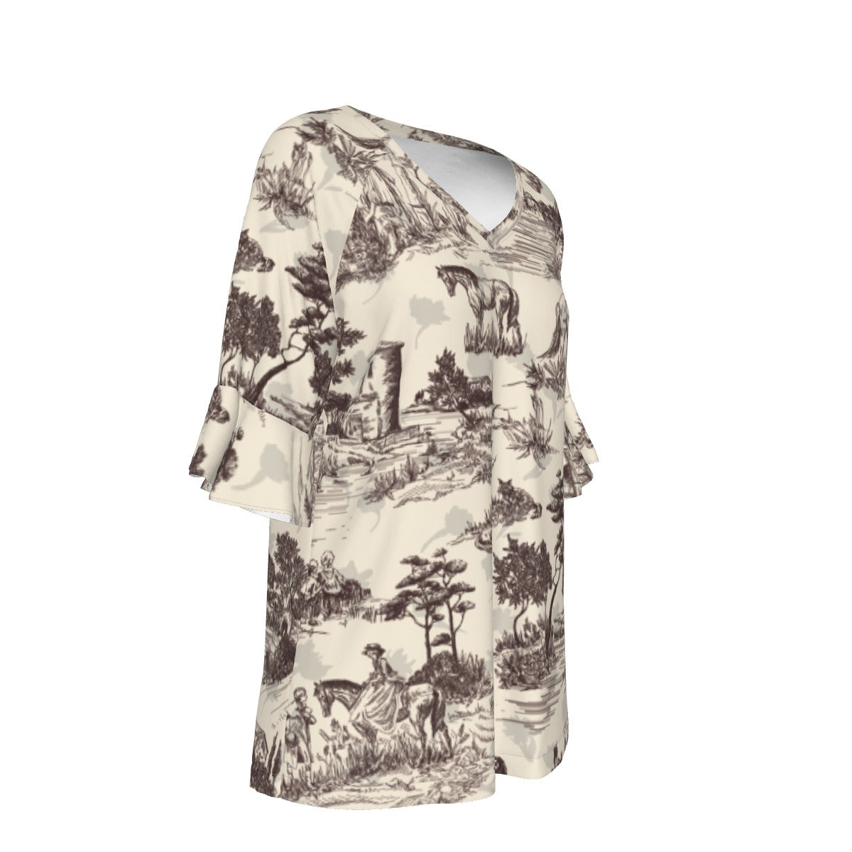 All-Over Print V-neck Women's T-shirt With Bell Sleeve