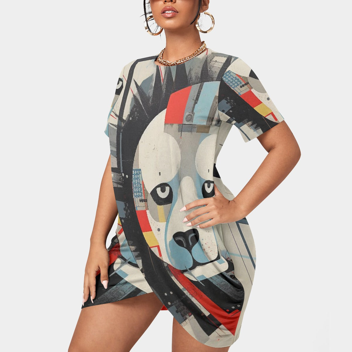 All-Over Print Women’s Stacked Hem Dress With Short Sleeve（Plus Size）