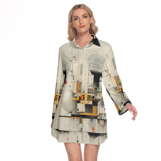 All-Over Print Women's Lapel Shirt Dress With Long Sleeve