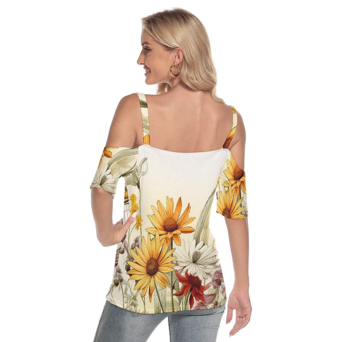 All-Over Print Women's Cold Shoulder T-shirt With Criss Cross Strips