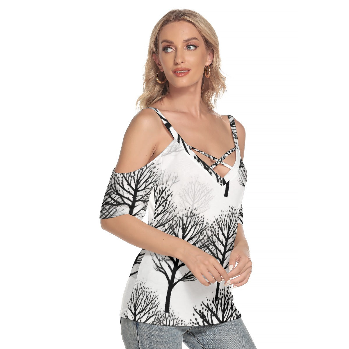 All-Over Print Women's Cold Shoulder T-shirt With Criss Cross Strips