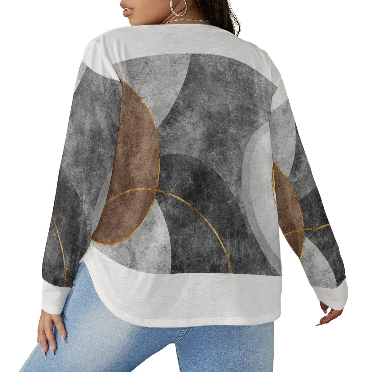 All-Over Print Women's V-neck T-shirt With Curved Hem(Plus Size)