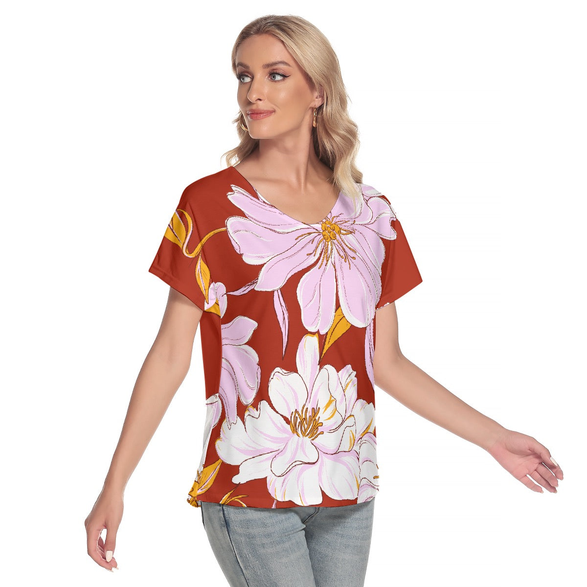 All-Over Print Women's Loose V-neck Short Sleeve T-shirt